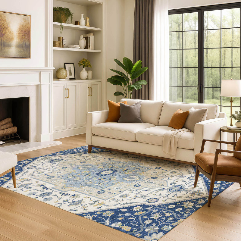 Tapis traditionnel Villers AMF2533 de qualité supérieure, lavable à la machine, Marine, 10 pi x 14 pi