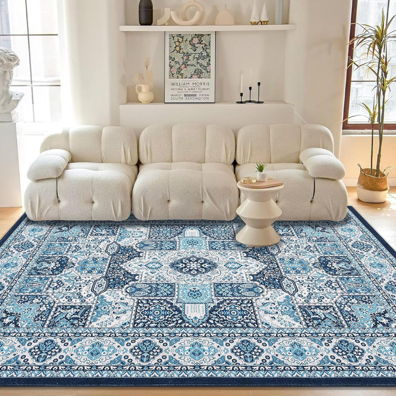9x12 Ft Modern Geometric Trellis Area Rug, Boho Machine Washable Non-Slip, Vintage Medallion Stain-Resistant Floor Carpet for Living Room (Camel)