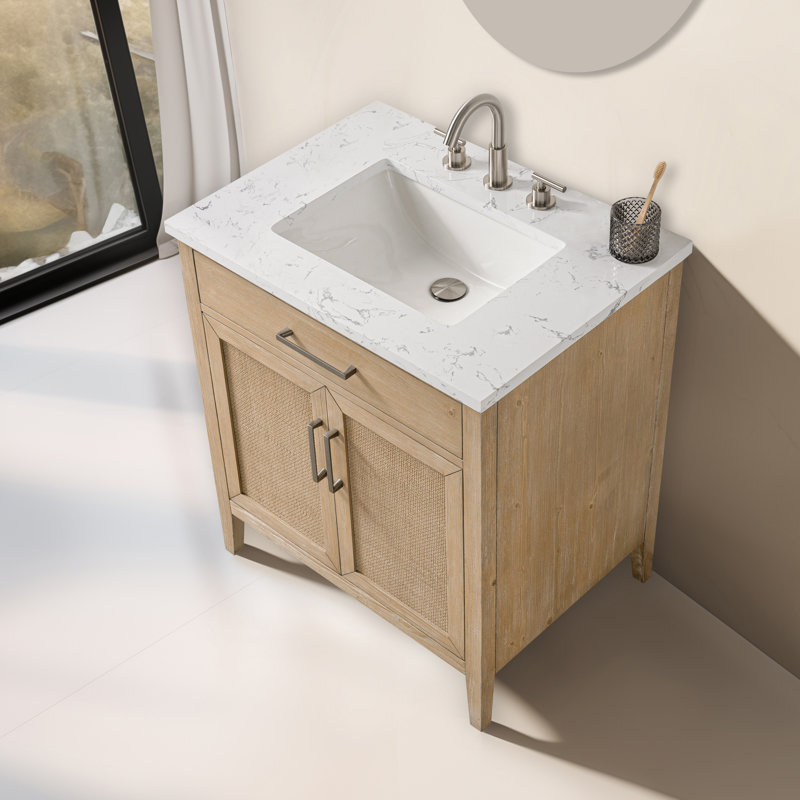 Sebastiano 30'' Single Bathroom Vanity with Engineered Stone Top, Coastal Sand/Antique Nickel
