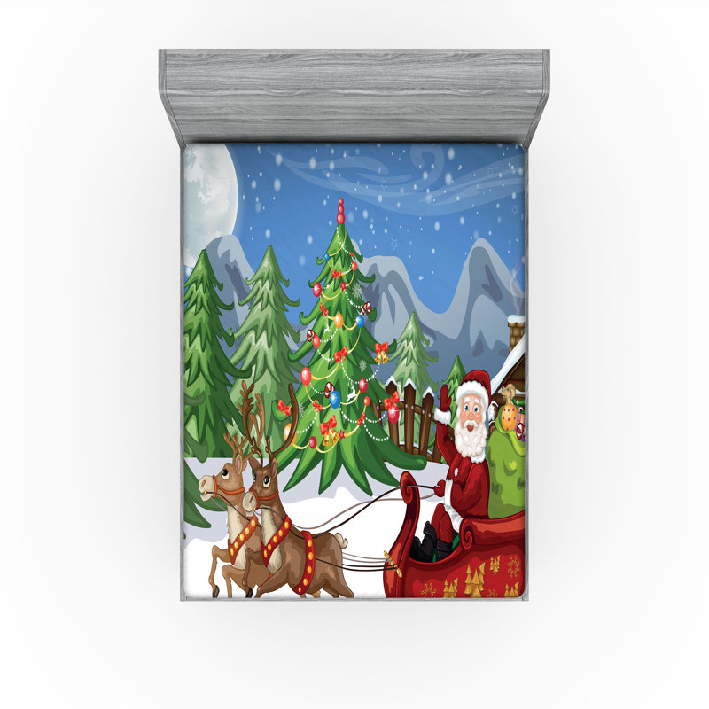 Ambesonne Christmas Fitted Sheet 2-Pack Snowdrift Reindeers Multicolor, Full Fitted Sheet
