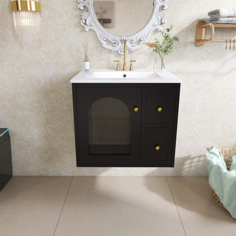 Meuble-lavabo mural 24 po avec lavabo en céramique, 2 tiroirs et 1 porte, Noir