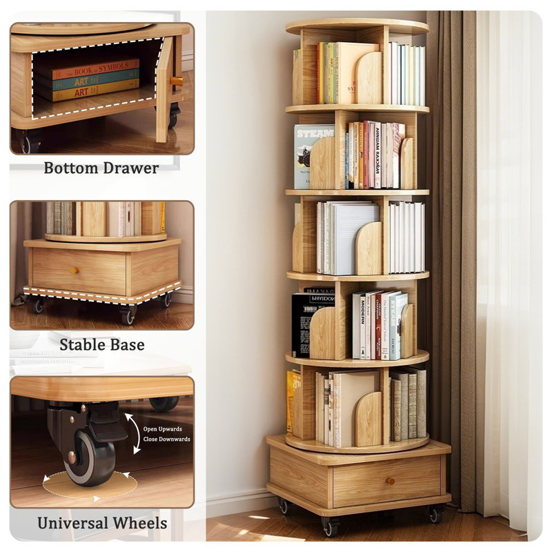 Rotating Bookshelf, Brown, (6 Shelves) 68.2"H x 18.2"W x 18.2"D