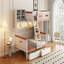 Lit simple superposé au dessus d'un lit double avec garde-robe, tiroirs, tablettes et lumière DEL en blanc et orange