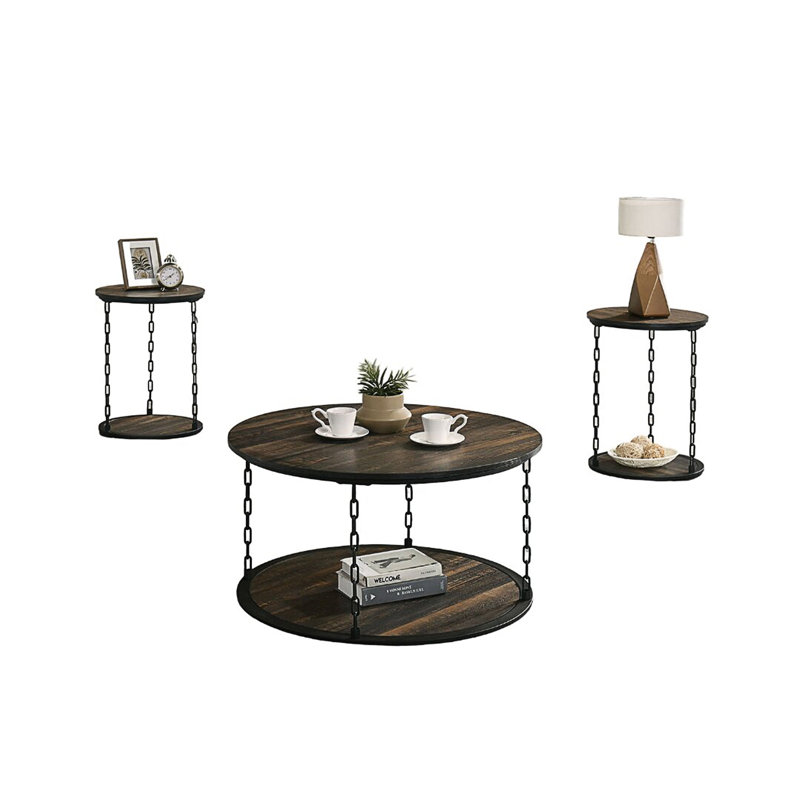 Ensemble de table rustique de style rustique 3 pièces Table basse 1X Table de bout décorative 2X Pôle à deux rangées Rangement brun foncé Salon principal (table incluse seulement)