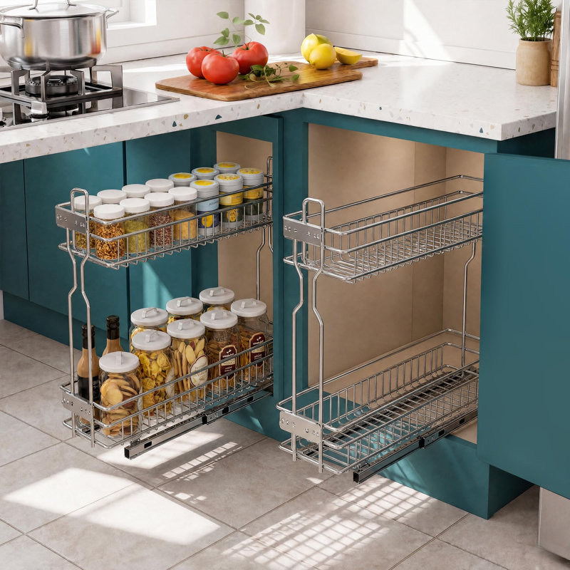 Organisateur de cuisine robuste à 2 niveaux escamotable - Support à épices coulissant chromé pour armoires sans cadre - Glissières à roulement à billes silencieuses - Convient aux bouteilles et aux pots - 5,7 pouces de large