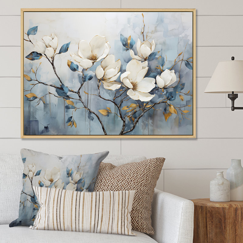 Elegant Magnolias Tranquility - art mural de salon Magnolias, H 16 po x l 32 po, Reproduction avec cadre flottant, Naturel