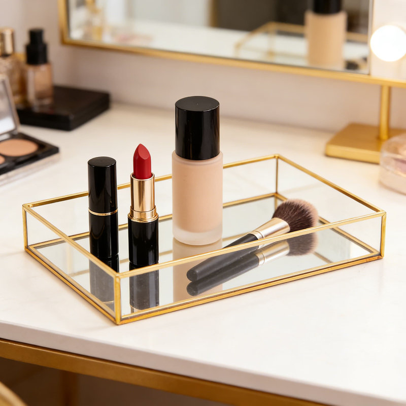 Plateau à miroir décoratif avec cadre doré - Organisateur de bijoux et de parfums pour meuble-lavabo, commode, salle de bain ou chambre à coucher