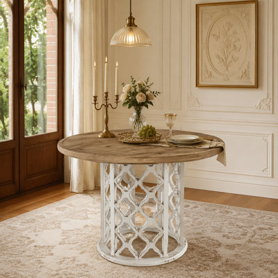 47x47x31" Round Wooden Dining Table with Ornate Cut-Out Base, Brown/White