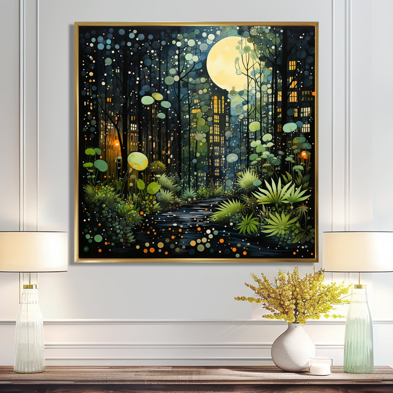 Vert jaune vert Urban Jungle II - Collages abstraits, impressions sur toile, 44" H x 44" W, Cadre flottant doré