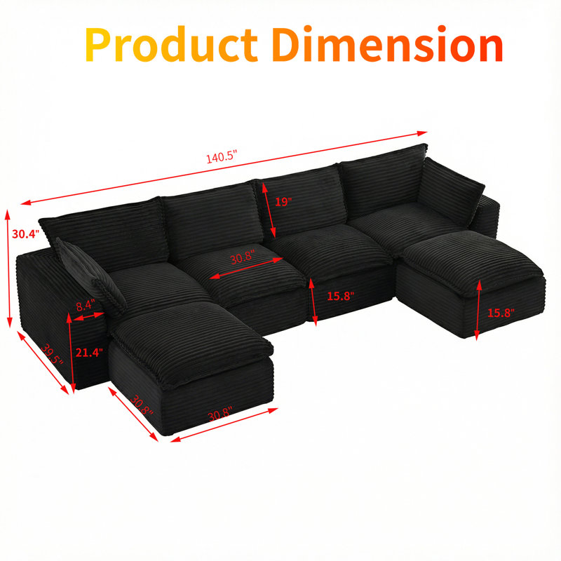 Boneless 140.5" Corduroy Sectional Compression Sofa 6 Seat Boneless Modular Deep Seat Cloud Couch With Movable Ottomans & Pillows, No Assembly Required