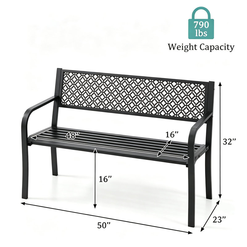 Outdoor Steel Patio Bench for 2 Persons 790 LBS Capacity Weather Resistant Geometric Design for Garden Deck Entryway