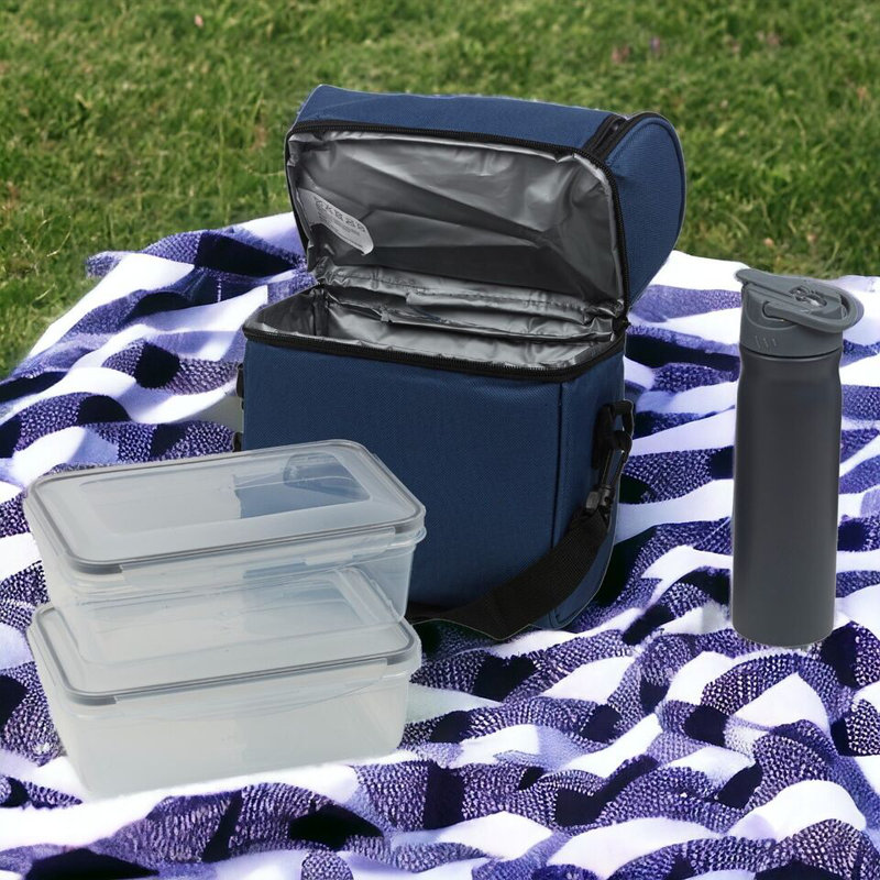4Pcs Insulated Cooler Bag Food Box Drink Bottle Set, Blue