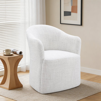 Upholstered Dining Chairs With Casters, Fully Assembled Round Barrel Armchair, Solid Wood Accent Vanity Chair For Dining Room Living Room
