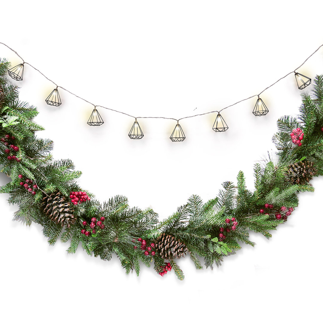72" Artificial Mixed Frosted Berry Pine Cone Christmas Garland with Geometric Crystal String Light Set The Holiday Aisle®