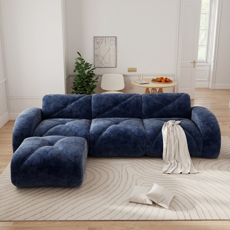 110.9" Upholstered L-Shaped Boneless Sectional With Ottoman, Blue Velvet