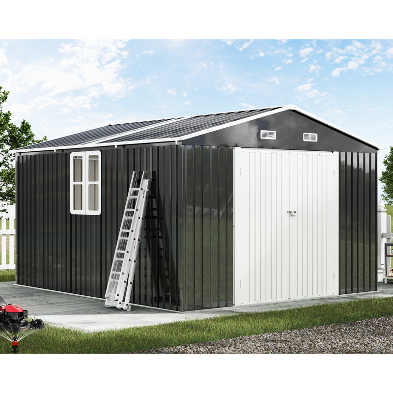 Remise de rangement en métal 10 pi x 12 pi x 7,2 pi avec panneaux transparents, portes à double charnière, fenêtres et évents - Structure en acier renforcé, gris foncé
