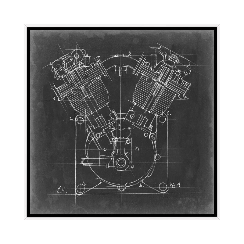 « Motorcycle Engine Blueprint II » par Ethan Harper, reproduction d’art, H 26 po x l 26 po x P 1,5 po, Toile blanche encadrée