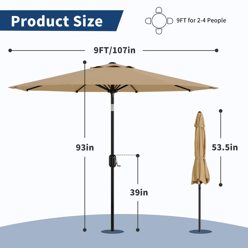 Parasol solaire d'extérieur avec lumières DEL et manivelle inclinable pour la cour