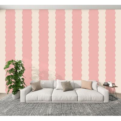 striped Peel and Stick Wallpaper Pink Vertical Stripe Scalloped Edges Soft Pastel Wall Murals 100"H x 144"W Removable PVC Wall Paper Self-Adhesive Wall Decor for Bedroom Living Room Home Office