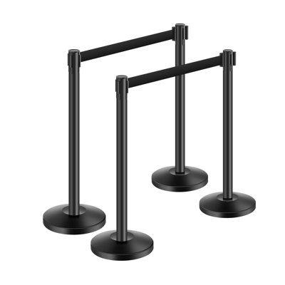 Poteau de poteau, poteaux de 4 pièces avec ceintures rétractables, queue de poteaux noirs en acier au carbone avec base creuse à injection de sable, barrières de contrôle des foules pour les théâtres, fêtes, mariages, expositions