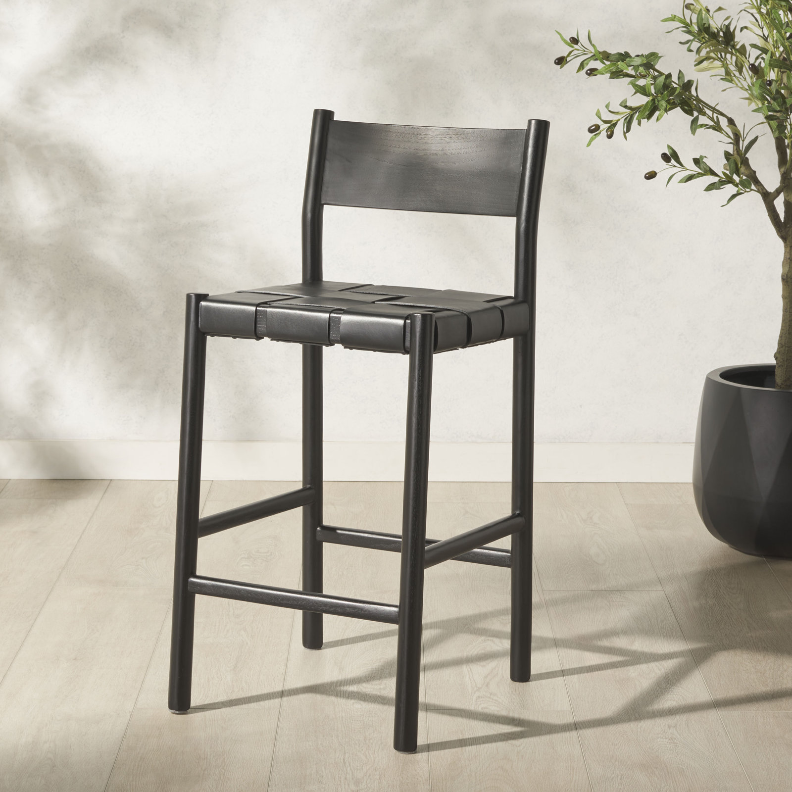 Hentges Woven Leather Counter Stool, Black