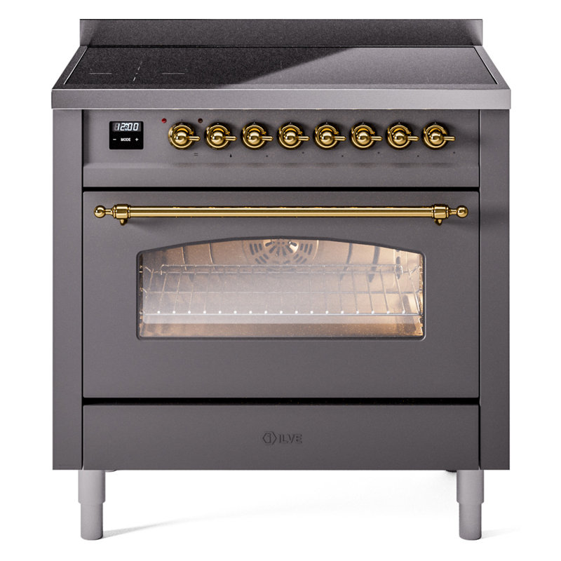 Cuisinière à induction 36 pouces avec 6 éléments à induction ILVE Nostalgie II Series (porte en verre), Graphite mat / laiton