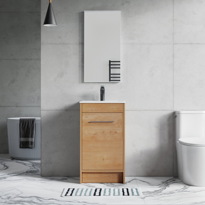Grove Free Standing Single Bathroom Vanity with White Ceramic Sink, 2 Soft-Close Doors and 1 Adjustable Shelf, Floor Standing Vanity Set in Oak Natural