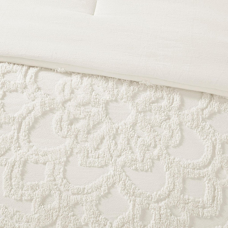Tufted Cotton Chenille Comforter 3 Piece Set, Queen Comforter + 2 Standard Shams, Off White