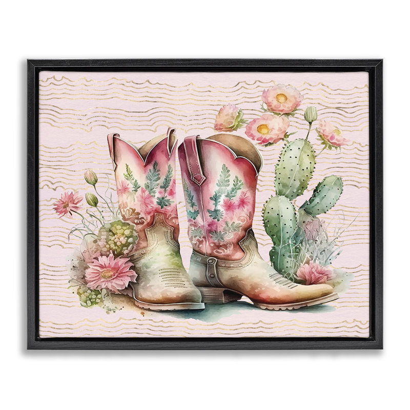  Country Boots with Cacti Canvas Wall Art by Lettered and Lined, Jet Black Floater Frame, 25" H x 31" W