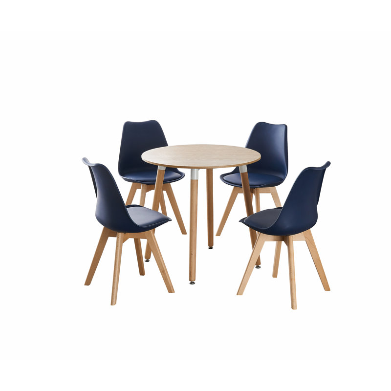 Sade 4 Person Dining Set - a Round Plastic Dining Table with Wooden Legs and a Set of 4 Faux Leather Cushion Padded Dining Chairs for Dining Room - Modern Dining Table Set