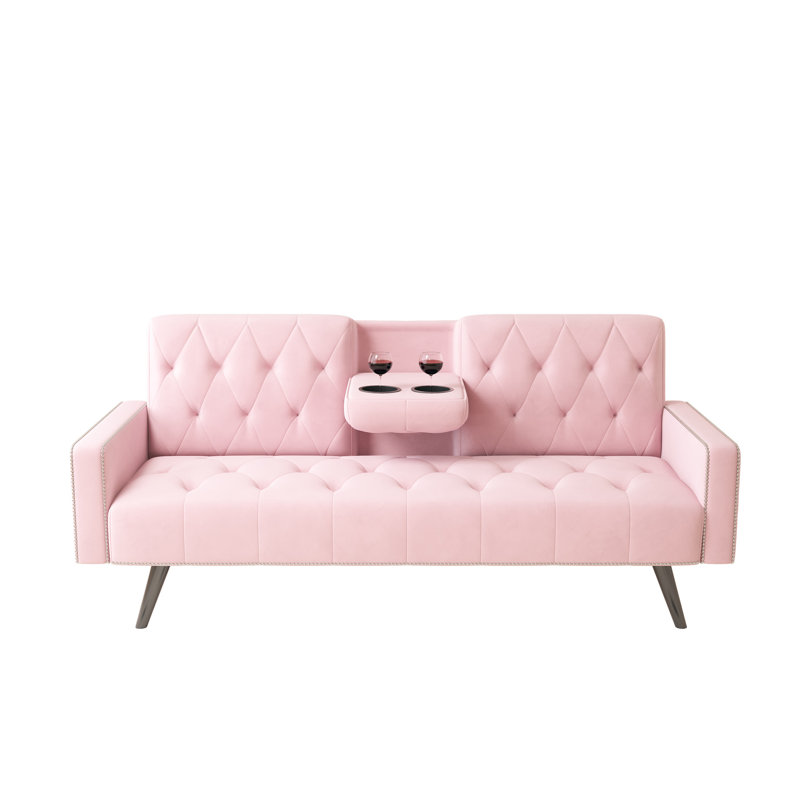 Pink 72 - Inch Velvet 2 Seat Bed With Cup Holders And Nail Head Trim, Suitable For Various Spaces, High Elastic Foam, Easy Setup 72" Seater Trim Holders, Convertible Guests' Sleep, Quality Quick