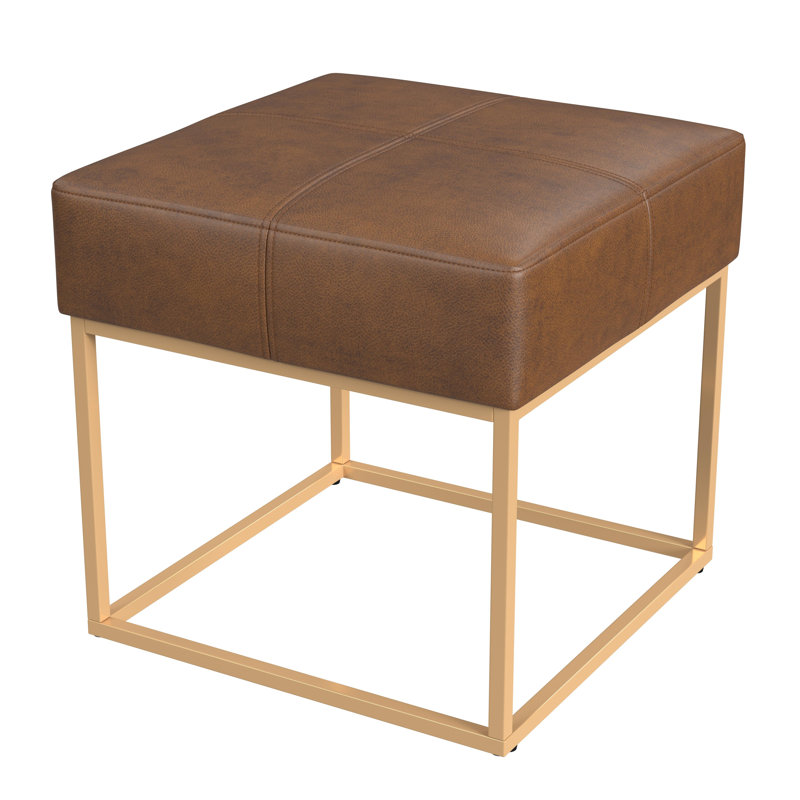 Homepop Small Square Metal Ottoman - Faux Leather, Brown Faux Leather