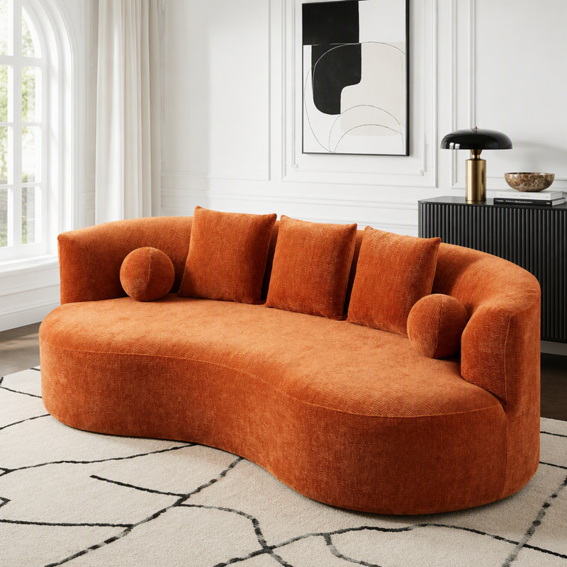 Canapé moderne incurvé, sans assemblage, avec revêtement en chenille douce, Tissu orange