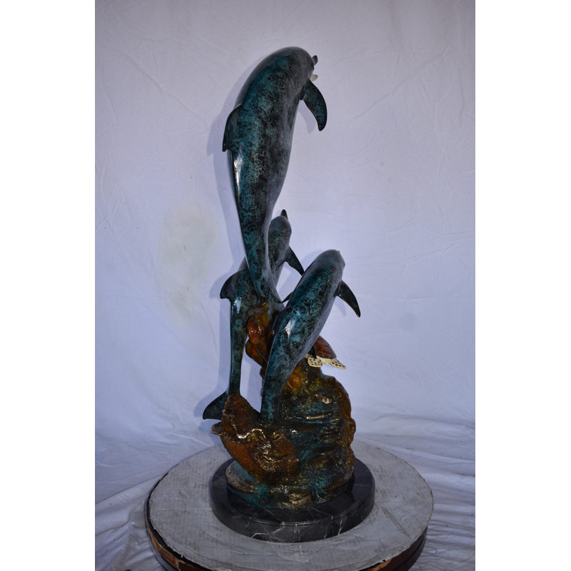 Bronze Three Dolphins Swim next to a Sea Turtle Fountain