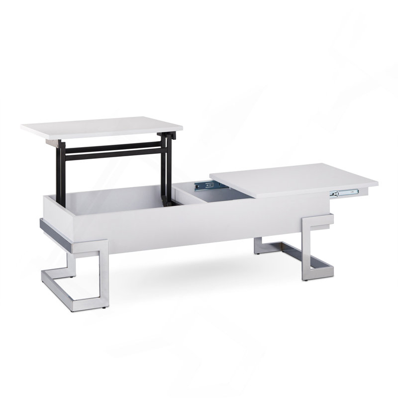 Table basse blanche élégante avec fonction de levage et espace de rangement caché, Blanc