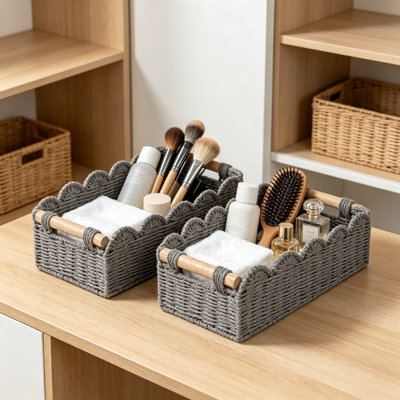 Handwoven Toilet Paper Storage Basket Set with Scalloped Edges and Wooden Handles, Metal Frame and Paper Rope, for Over Toilet Tank, Shelf, Countertop, Living Room, Bedroom