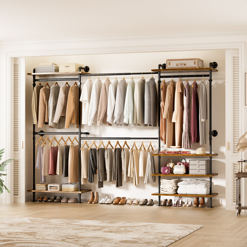 Portemanteaux 59 "à 103,2" en forme de L en forme de C, support à vêtements avec 3 tablettes en bois, support de rangement mural