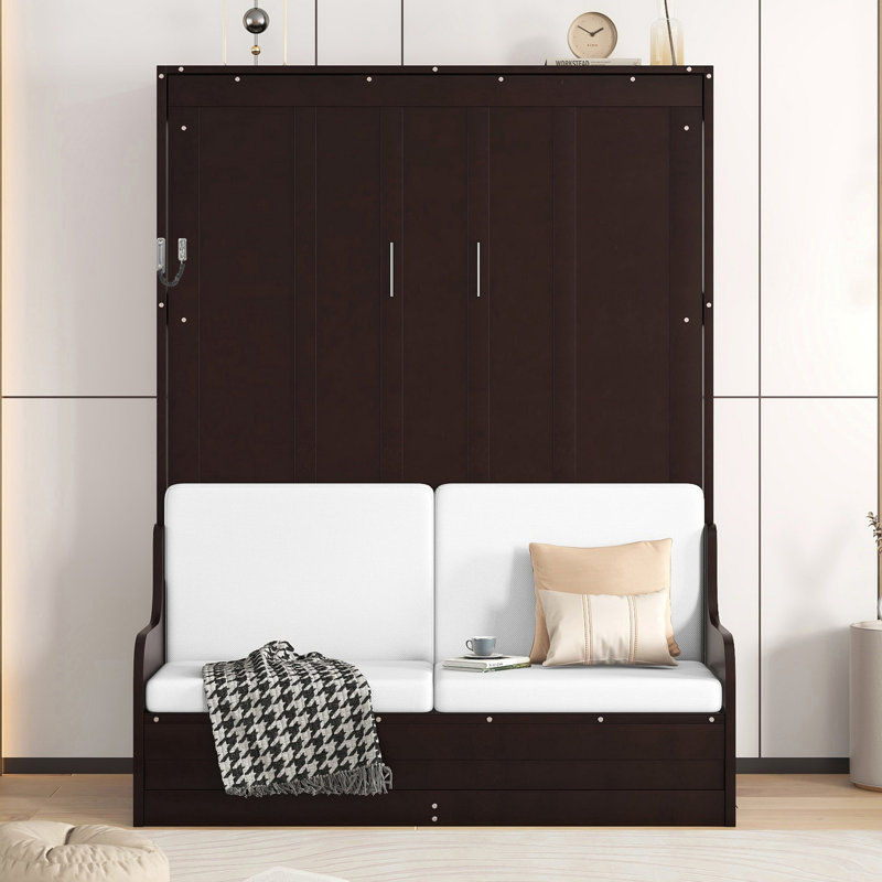 Grand lit escamotable mural avec coussin tapissier - Structure de lit espresso peu encombrante