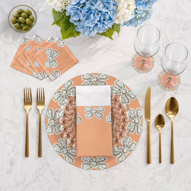 Pearl Bow Vegan Leather Round Pebble Placemat, Peach