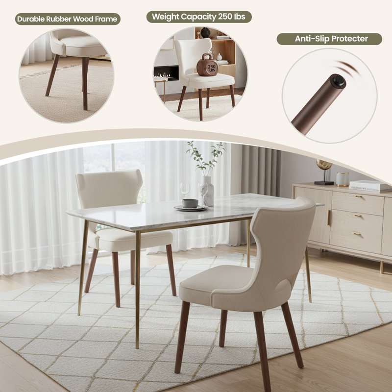 Chaises de salle à manger en tissu avec pieds en bois d'hévéa massif, coussin en mousse haute résilience et dossier incurvé 