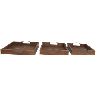 Stagbriar Wood Decor Tray with Black Metal Handles Set
