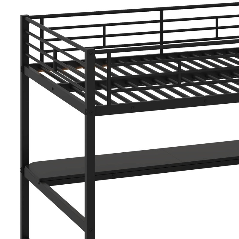 Lit mezzanine double en métal avec bureau, escalier de rangement, petite armoire et lumière DEL