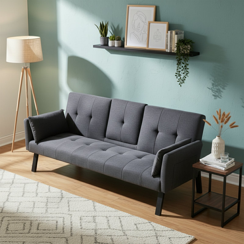  Canapé-lit 70 po en lin et coton convertible avec porte-gobelets et poches de rangement latérales, Gris