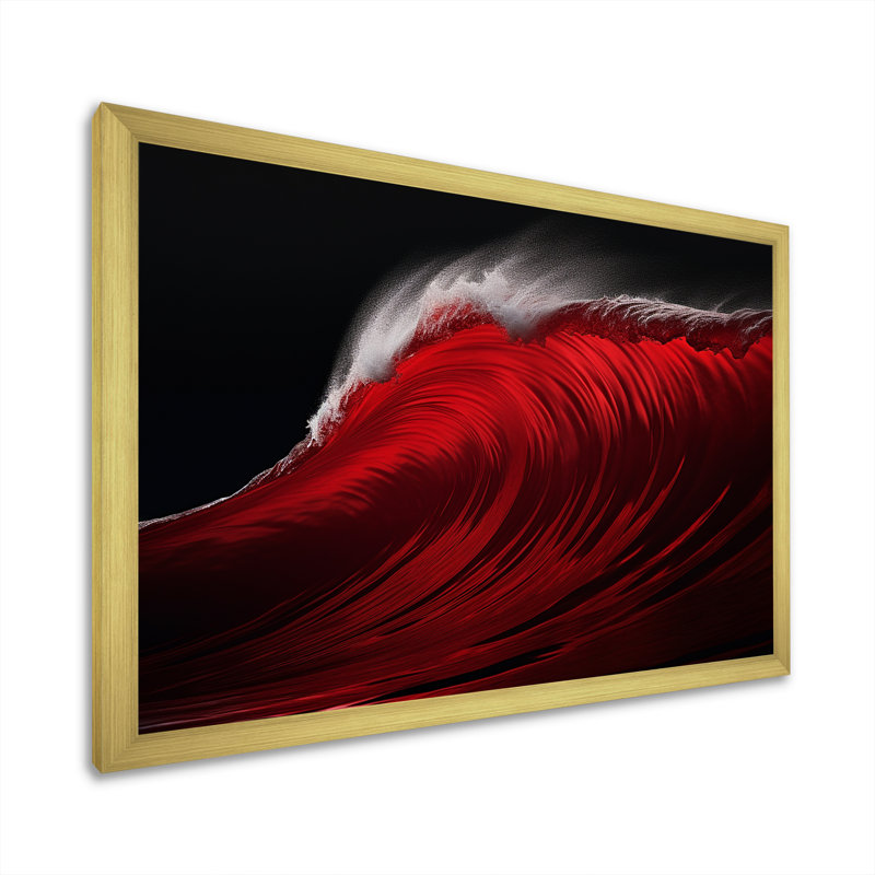Minimalisme noir, vague rouge, paysage I - impressions murales nautiques et de plage, Cadre doré simple