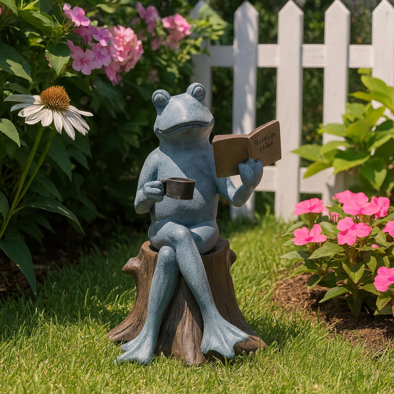 Statuette décorative de grenouille en forme de grenouille pendant la pause-café - Décoration de jardin pour les amateurs de livres - Sculpture décorative extérieure - 33 cm, vert et bronze