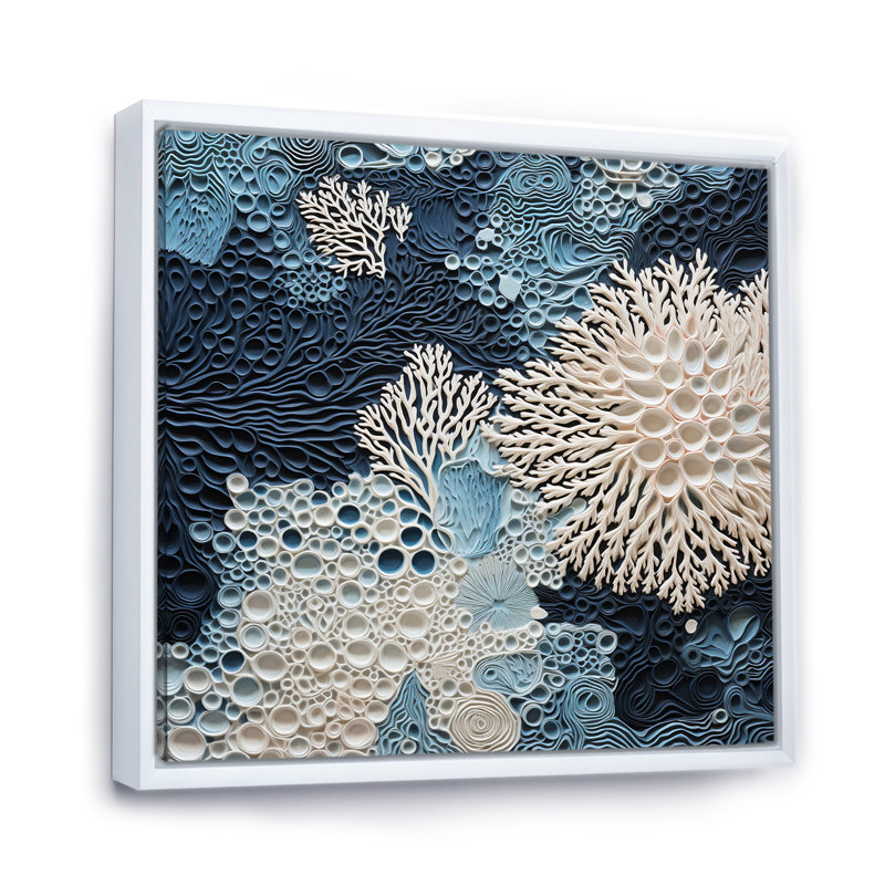 Collage sous l'eau de coraux bleus et blancs - art mural côtier, H 30 po x l 30 po, Reproduction avec cadre flottant, Blanc