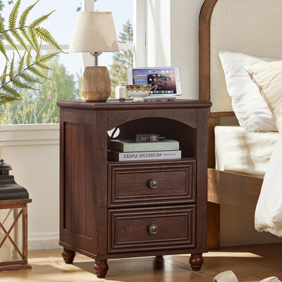 18" Farmhouse Night Stand With Charging Station,Wood Nightstand With 2 Drawers, Bedside End Table With Shelf Storage, Bed Side Tables Cabinet For Bedroom, Living Room, And Closet