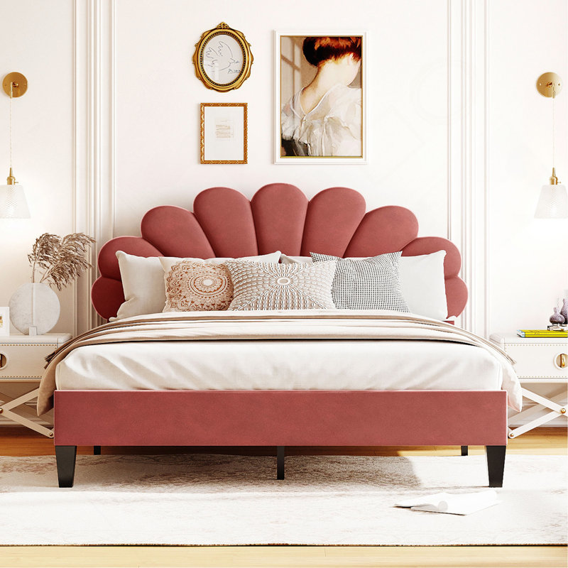 Grand lit plateforme tapissier avec tête de lit en velours à motif floral, finition rouge pâte de haricots, Rouge, Grand lit
