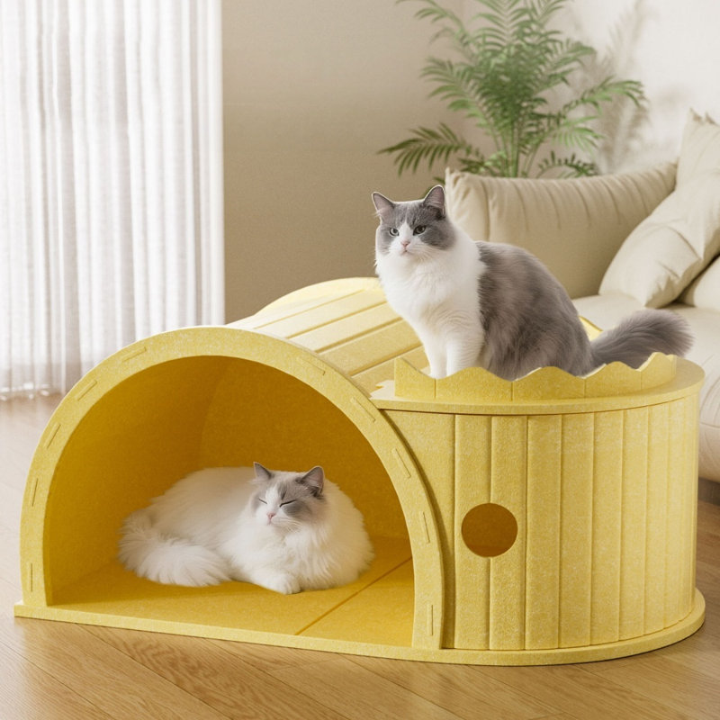 Maison de chat moderne en feutre avec tunnel caché, plateforme de salon surélevée et trou de coucou, Jaune