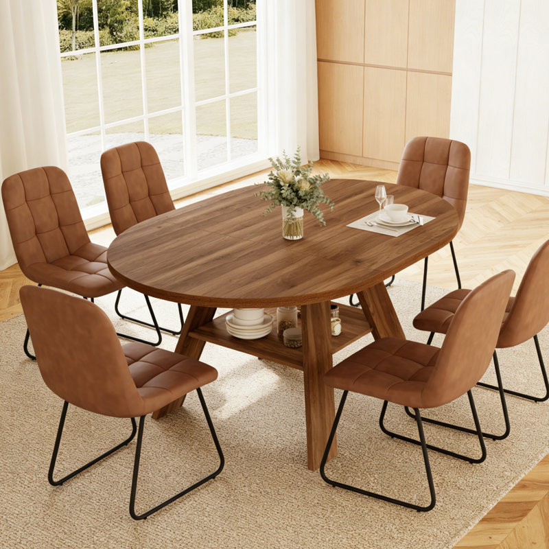 Clanton 43.2"-59.1" Extendable Round Dining Table Set, Mid Century Wooden Round Kitchen Table, Walnut Coffee Table For 8 Person,pu Leather Chair